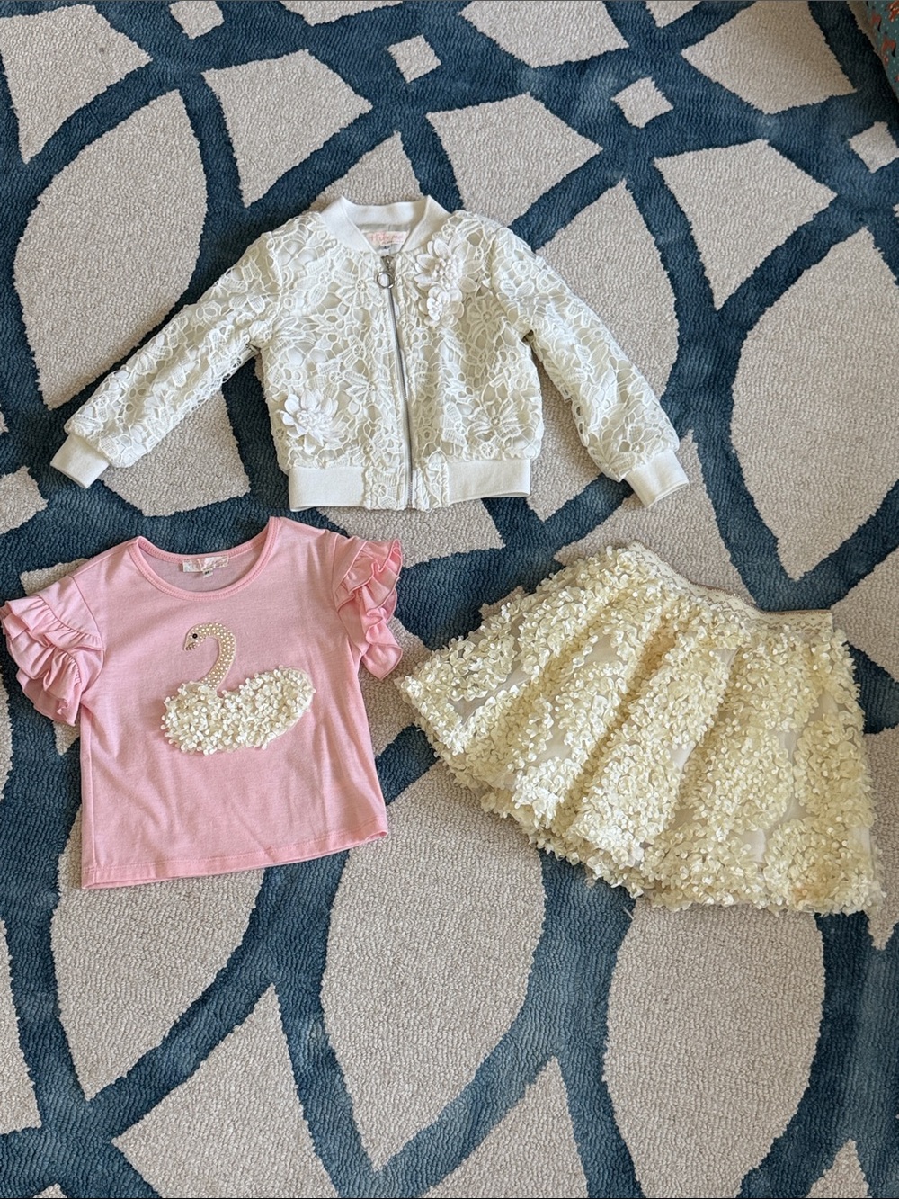 Truly Me Girls Floral Lace Jacket, Pink Swan Tee & Flower Skirt Set